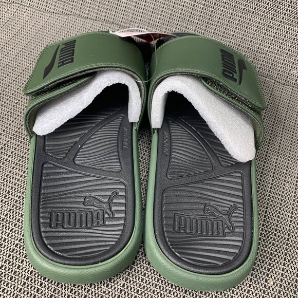 Puma Mens Size 8 Green & Black Slip-On Slide Sandals Logo Adjustable Comfort - Picture 4 of 5